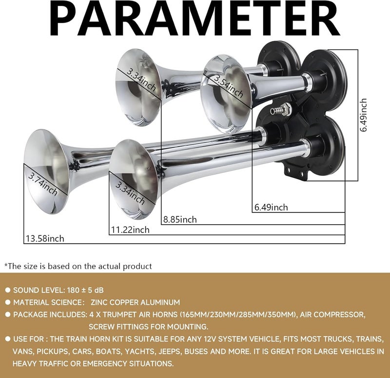 banhao Truck Air Horn 4 Trumpet Train Horns Kit for Truck 180DB Super Loud Air Horns for Pickup SUV Motorhome and Other Vehicles 12V - Image 4